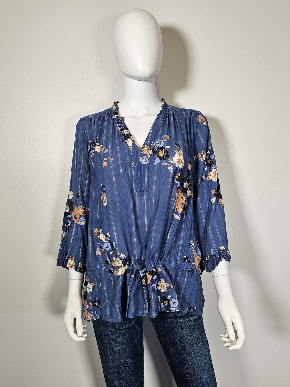 Blue Floral V-Neck Peasant Tunic Striped Ruffle Collared Blouse Sz 36 US 4